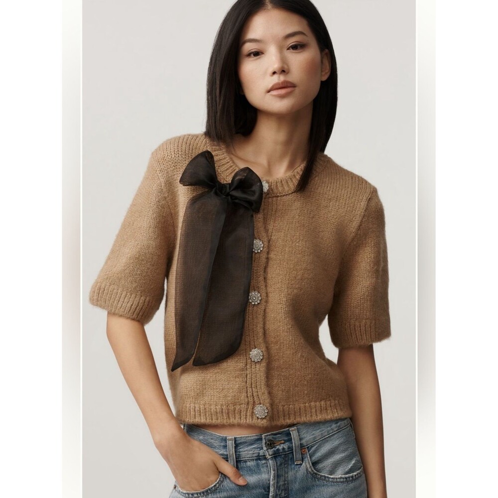 Anthropologie Maeve Short-Sleeve Bow Cardigan Sweater